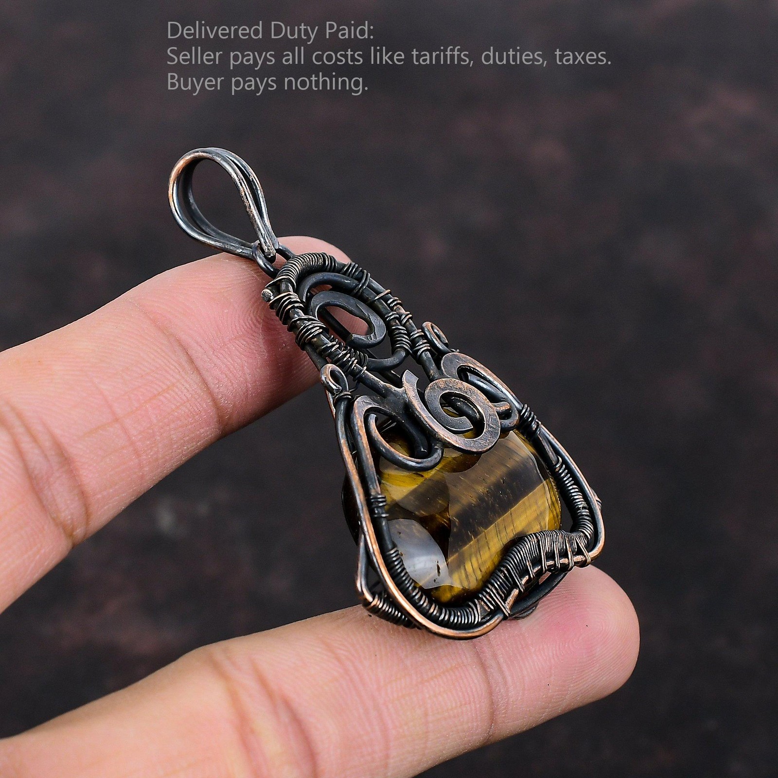 Copper Sacral Chakra Oval Tiger’s Eye Stone Unique Wire Wrapped Pendant Jewelry