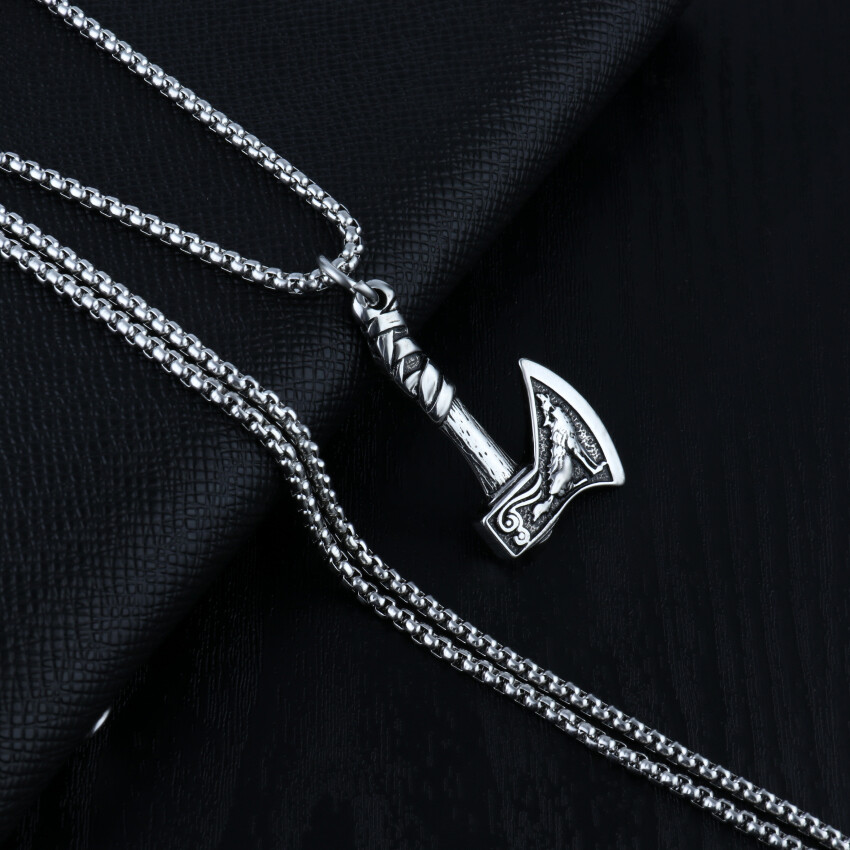 Mens Viking Raven Axe Wolf Pendant Necklace Stainless Steel Luxury Chain DEZILOO