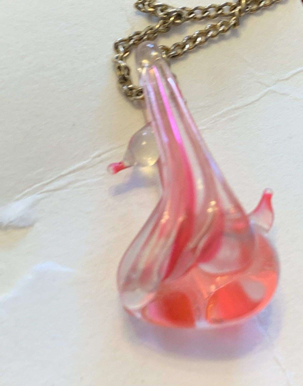 Pink Swan Charm Pendant Necklace Iridescent Glass Spring Ring 19-24 in