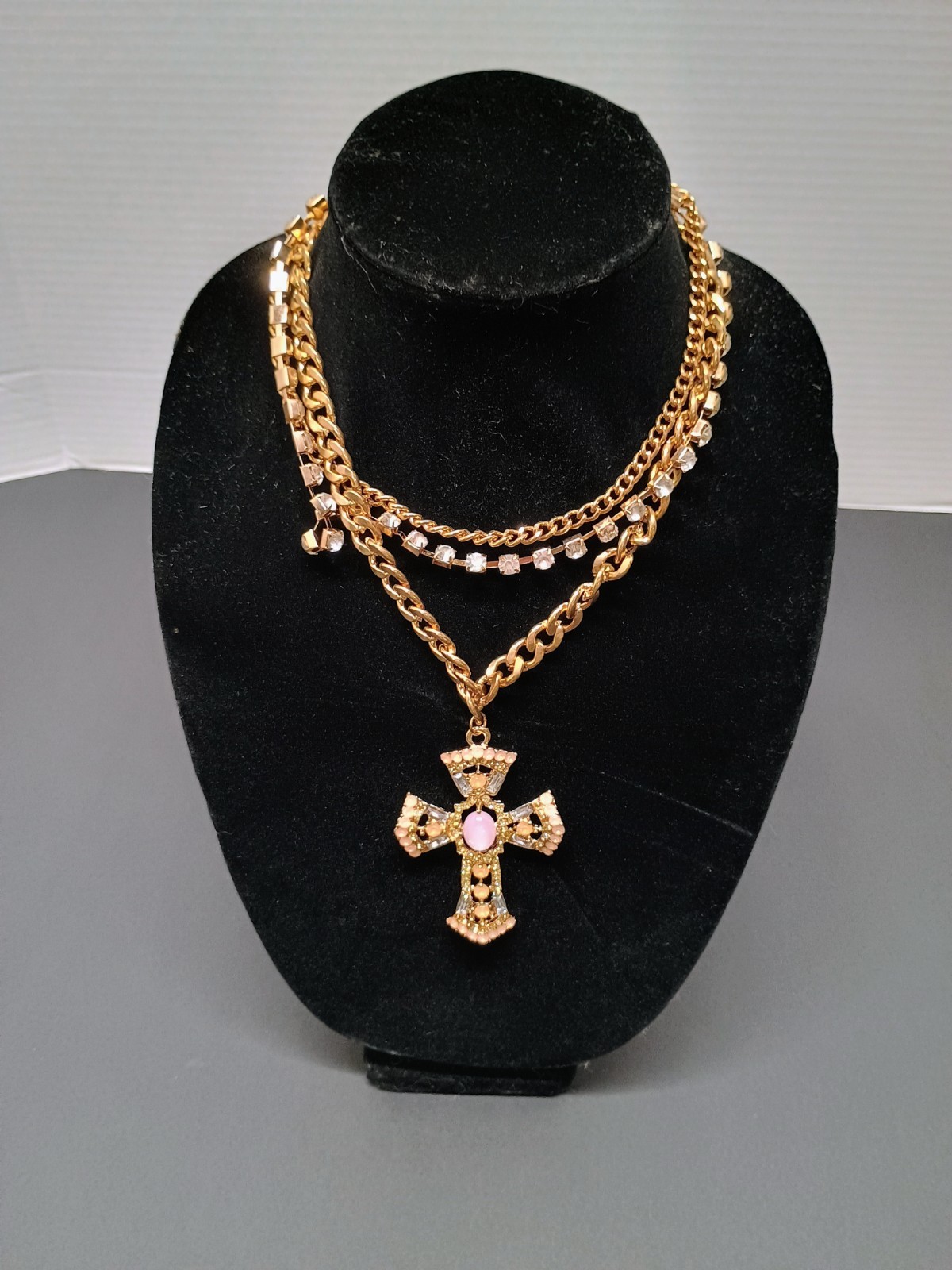 Layered cross gold and pink tone statement necklace costume great condition