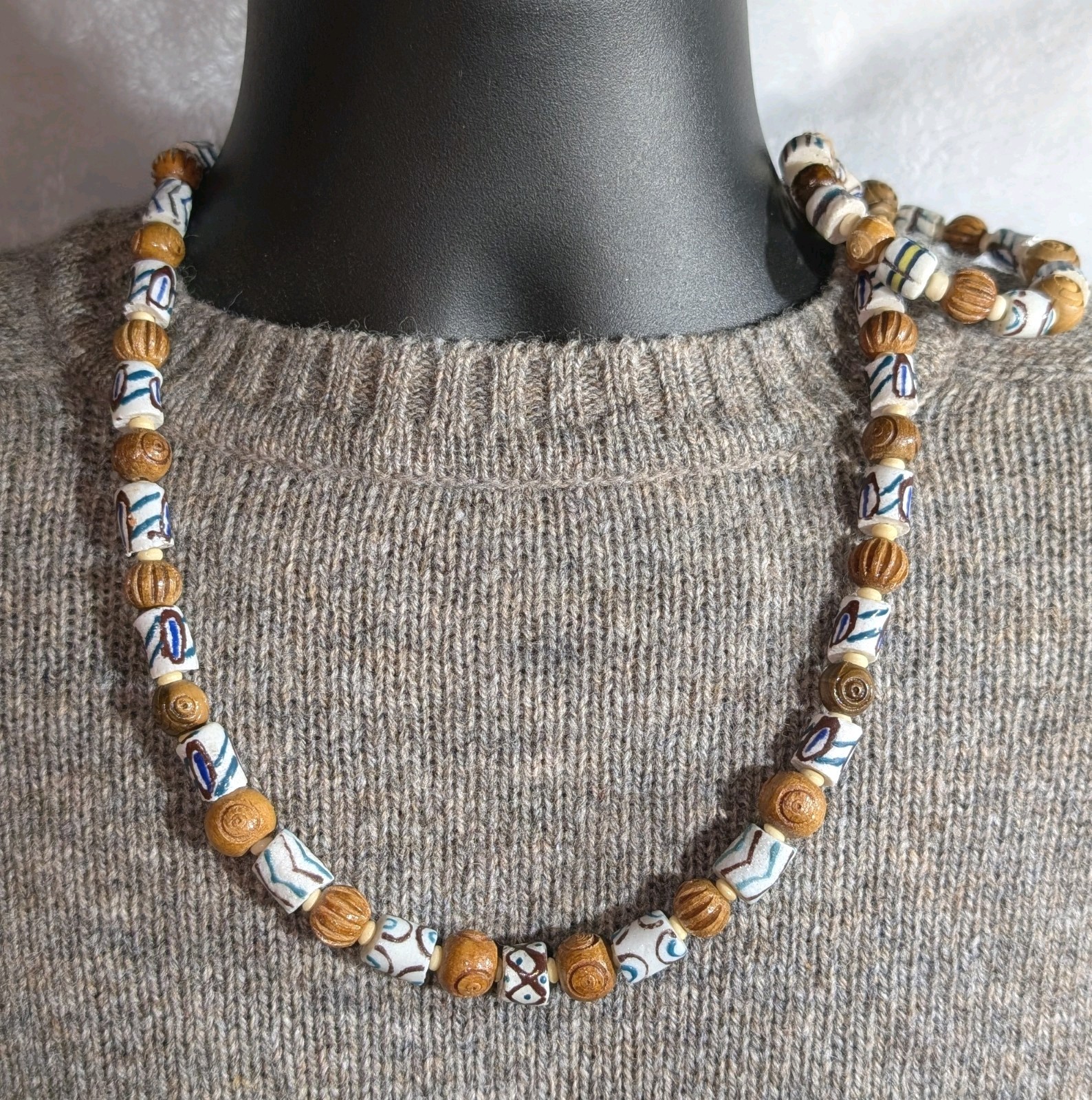Men’s 24in Tribal Necklace and 8in sizeable Bracelet, White Krobo, for healing