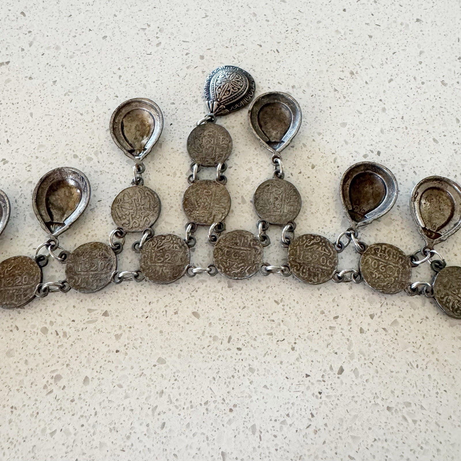 Silver Tone Metal Tear Drop Dangle Bib Coin Necklace