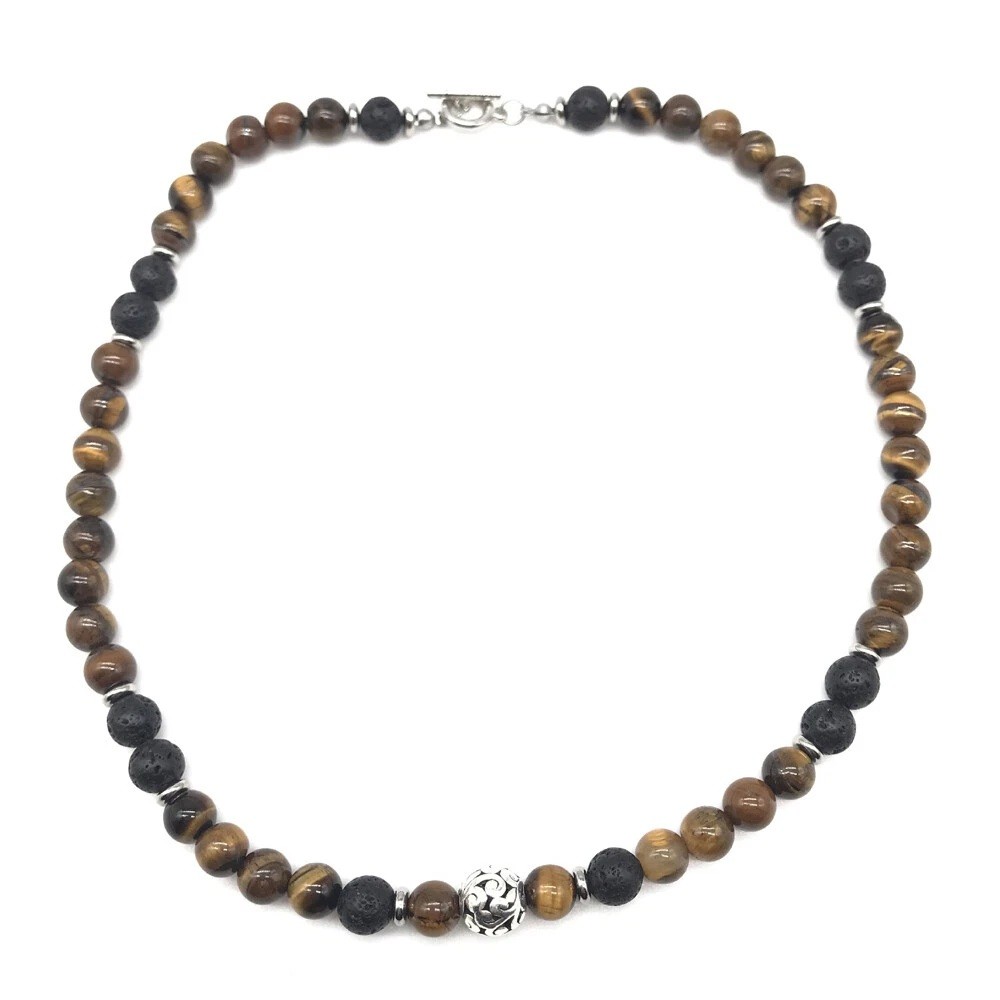 24″ Men’s Tiger Eye Necklace 8mm Natural Lava Beads Stainless Steel Toggle US