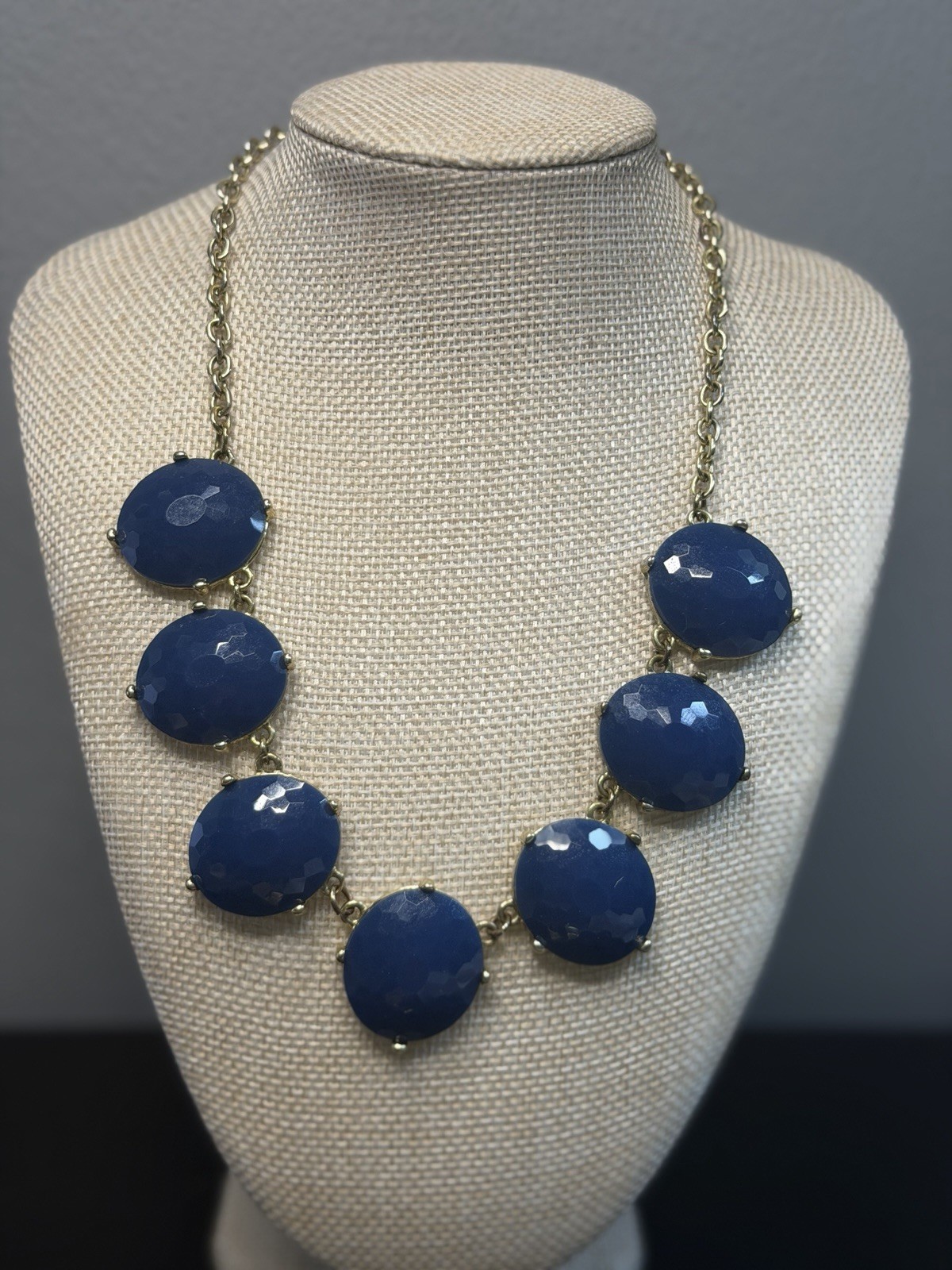 Blue Round Disc Statement Necklace Metal Gold Tone Cable Chain 7 Gemstones