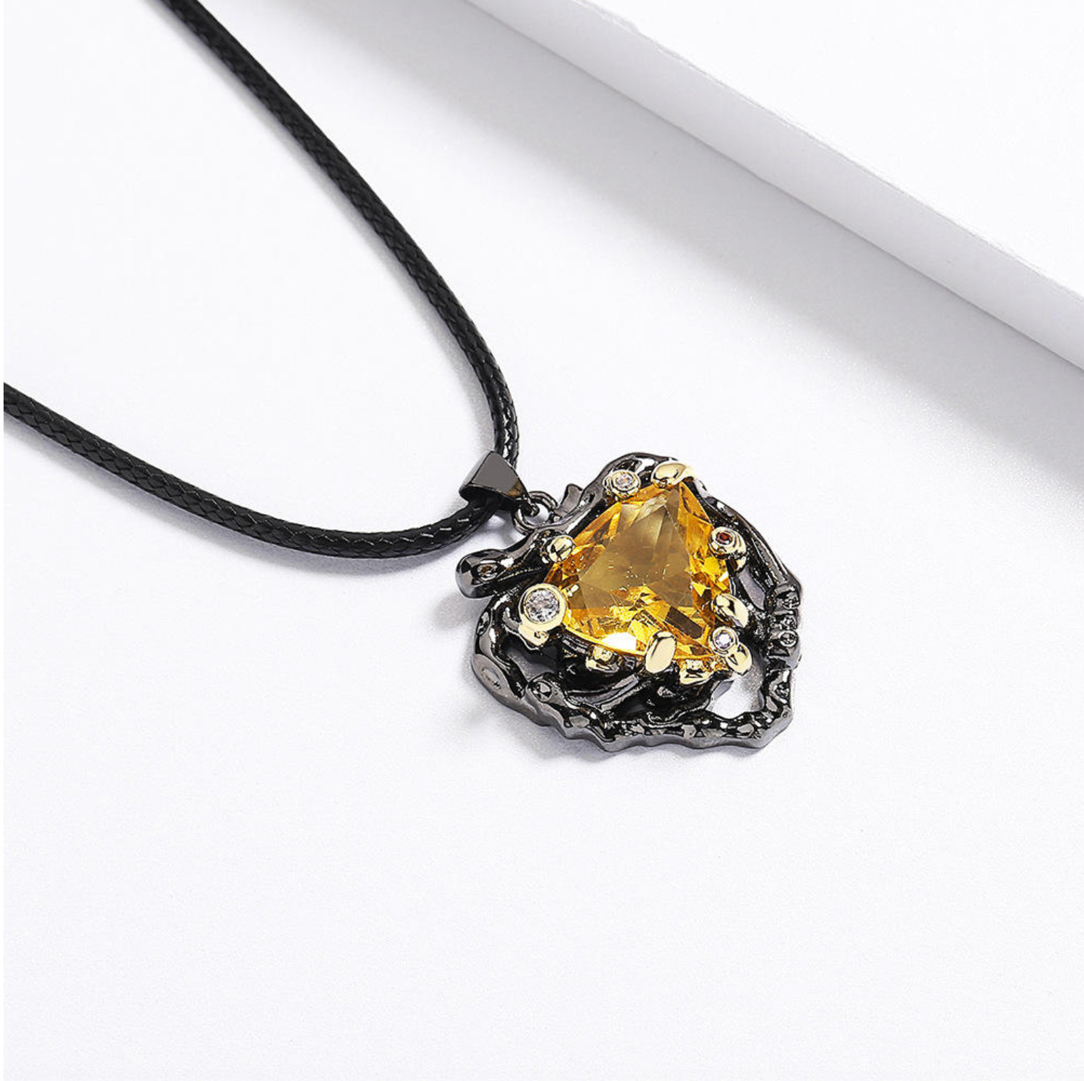 Yellow Cubic Zirconia Pendant Necklace Trillion Cut Black Gothic Halo Style