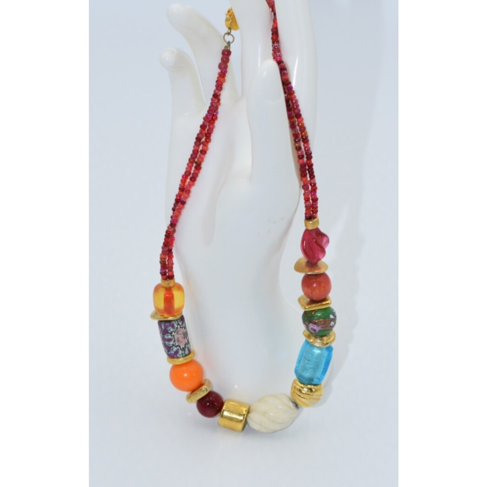 Bohemian Boho Hand Crafted Venetian Trade Bead Statement Necklace Lock Clasp