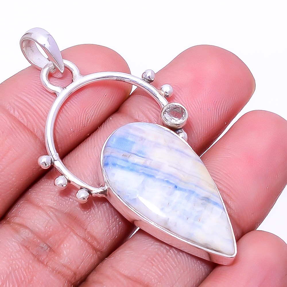 Blue Scheelite – Turkey & White Topaz 925 Sterling Silver Pendant 2.03″ P35