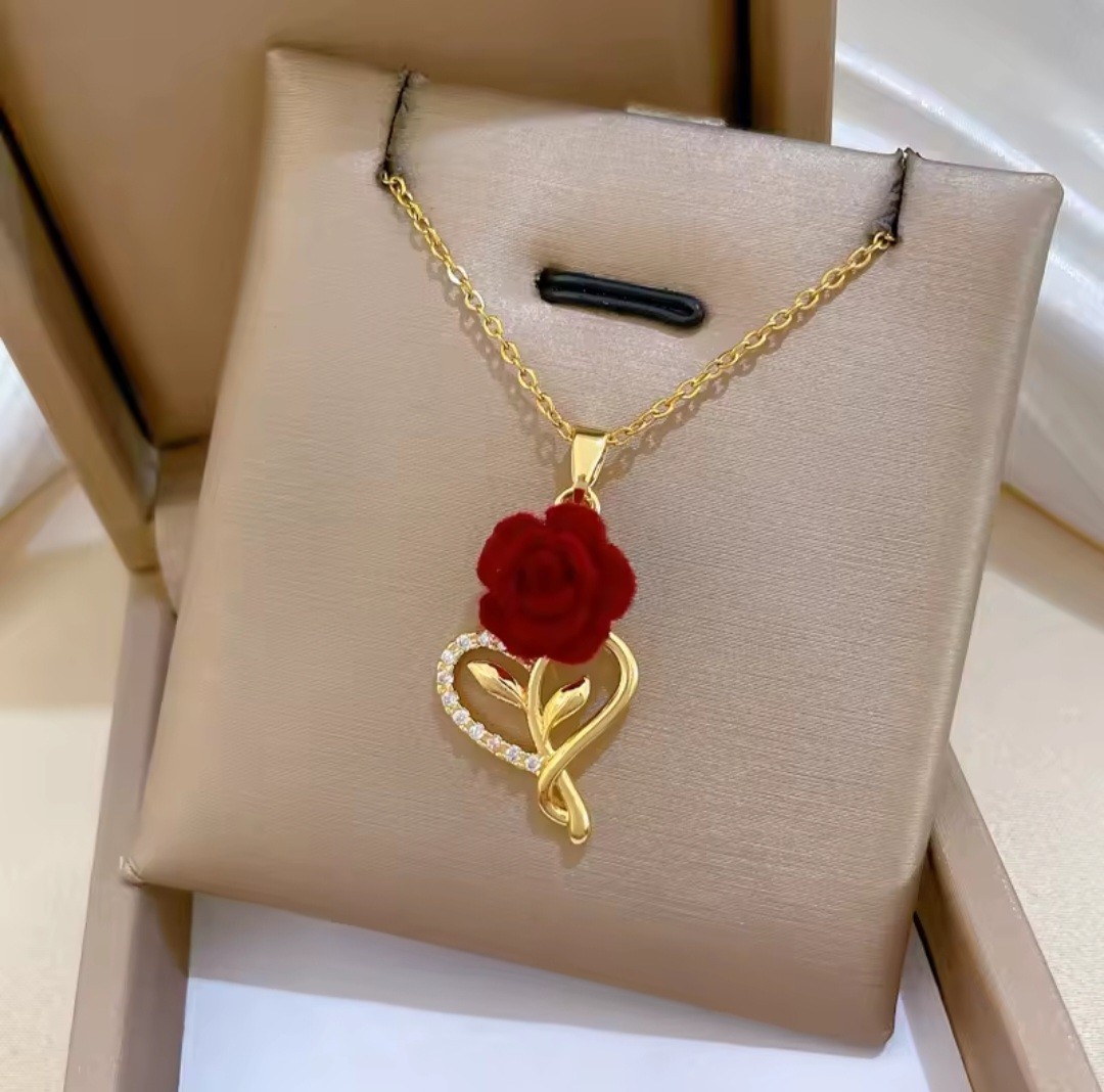 2 Yellow Gold Plated Heart Red Rose Pendant CZ Necklace 40+5cm Adjustable