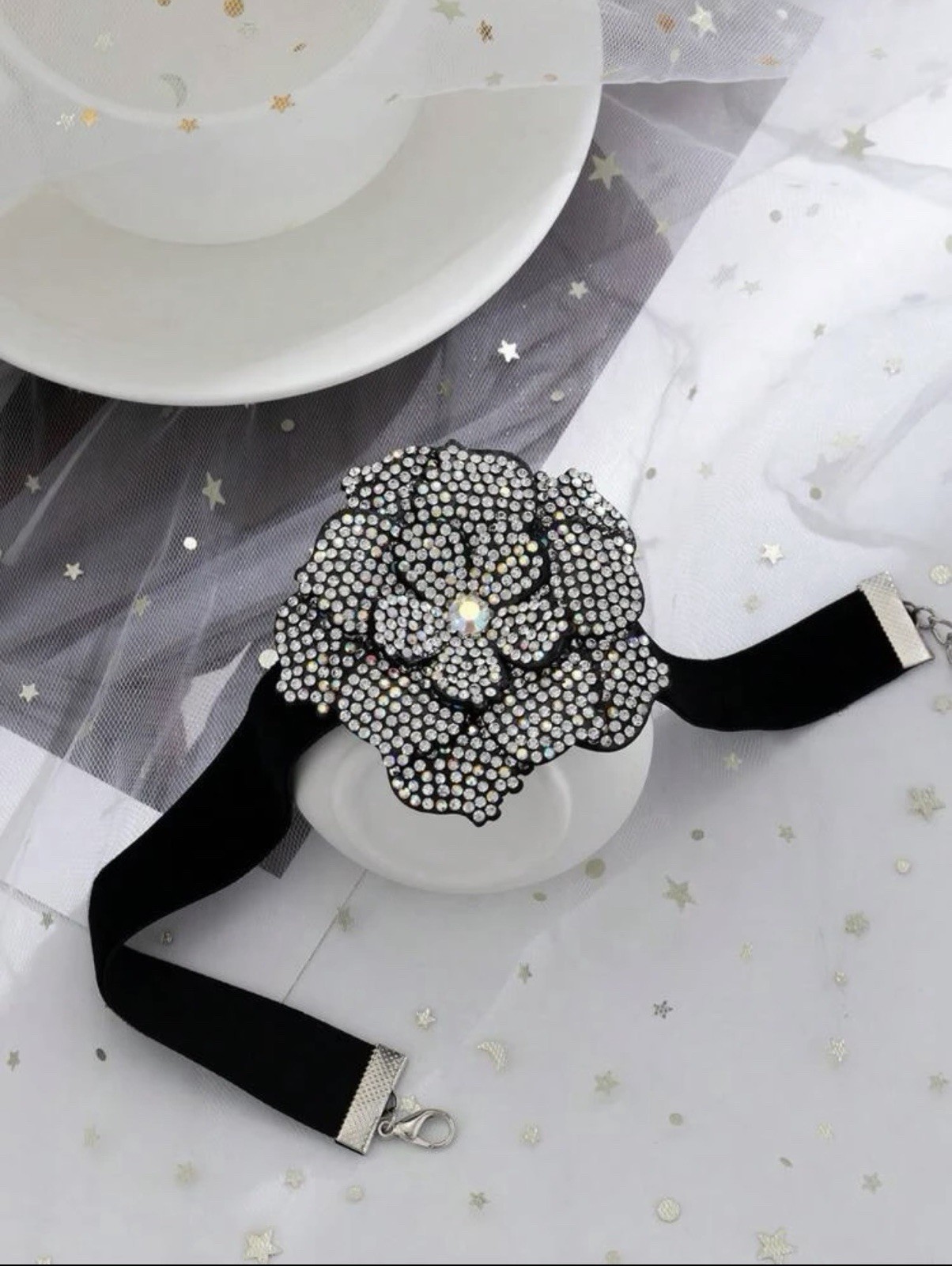 Black Velvet Choker Necklace with Flower Rhinestone Pendant, 12-18in, 6.5cm