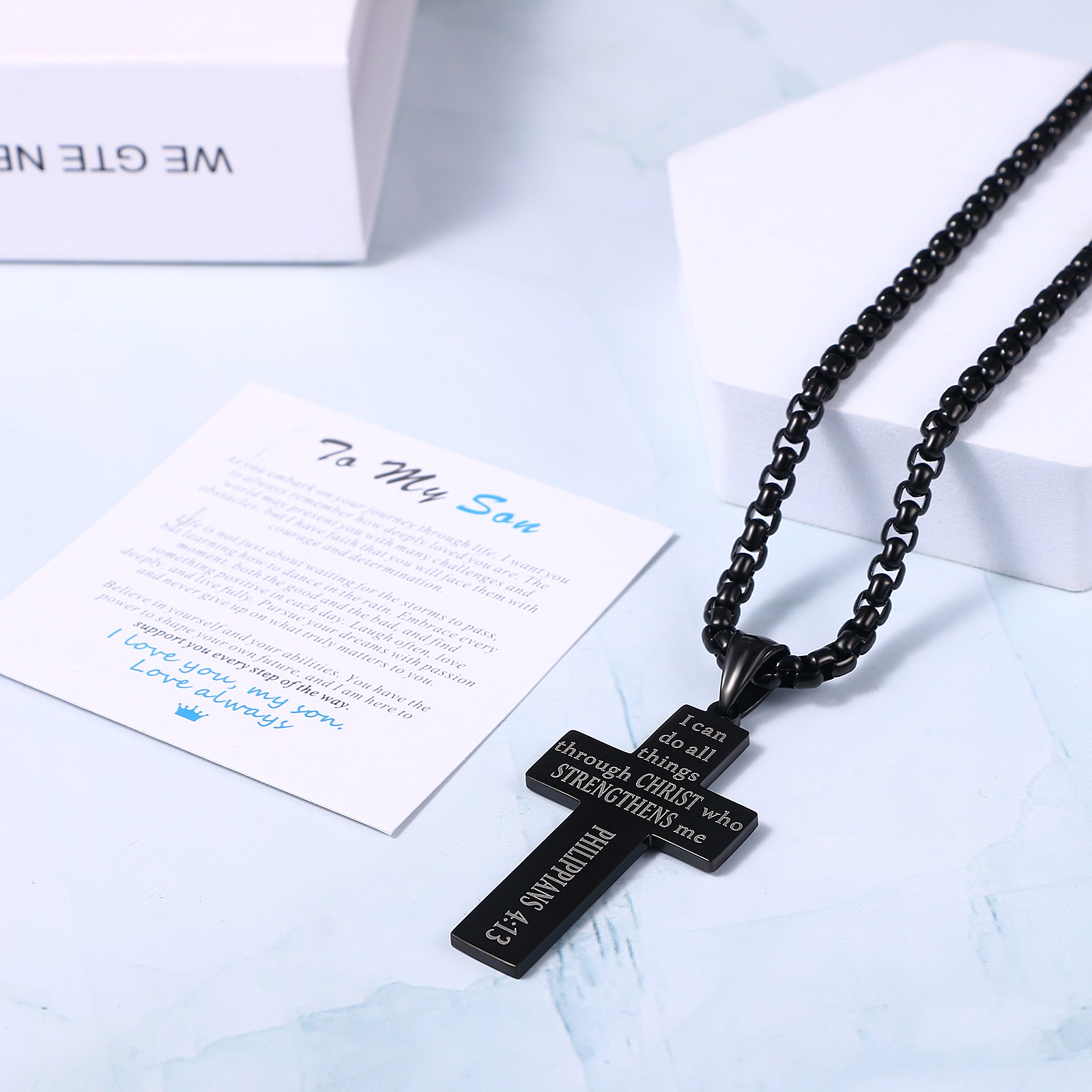 Mens Boys Inspirational Black American Flag Cross Pendant Bible Verse Necklace