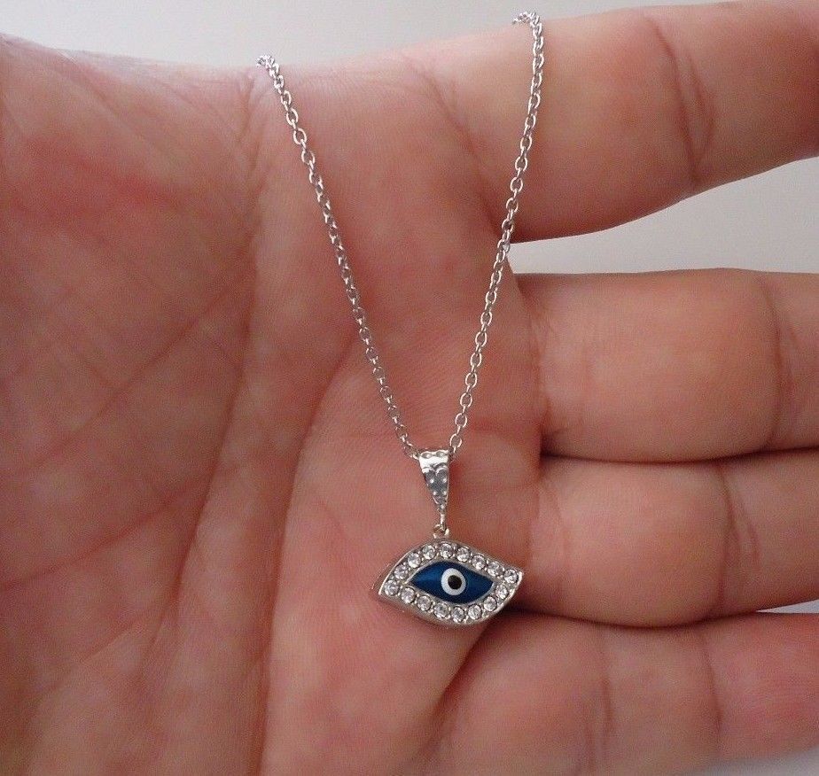925 STERLING SILVER EVIL EYE NECKLACE PENDANT W/ .75 CT LAB CREATED DIAMONDS