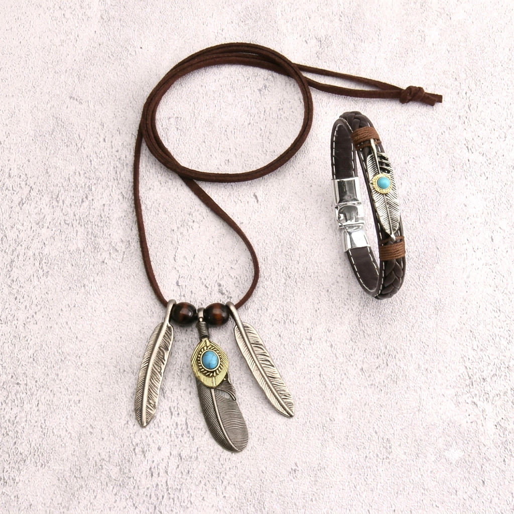 2pcs Niche Feather, Necklace Bracelet Hip Hop Ethnic Retro Style Unisex Jewelry