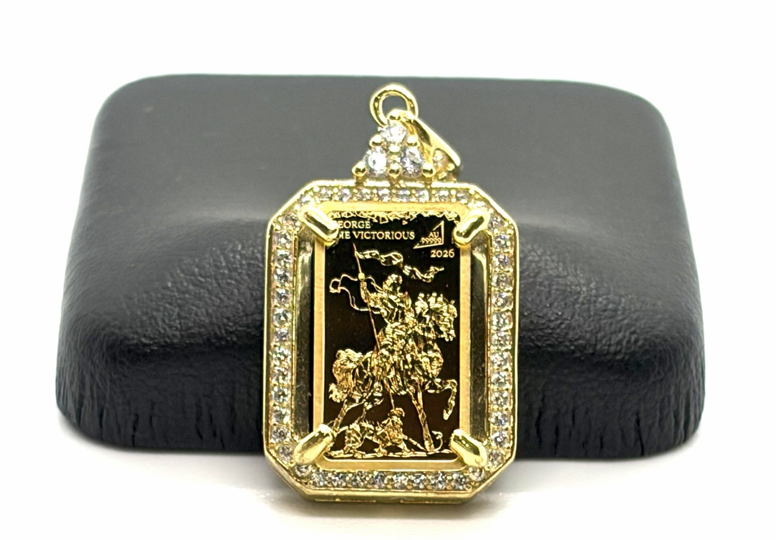 24K Gold THE VICTORIOUS 1/100 oz Gold Bar Pendant Silver 925 CZ Halo