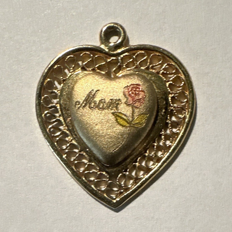 Gold Tone Heart Charm Pendant, Engraved Mother & Rose, Metal, No Stone