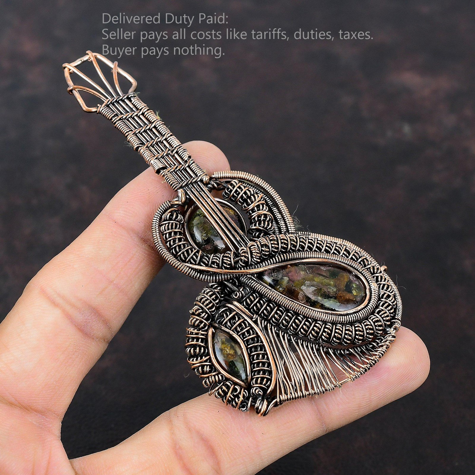 Natural Watermelon Tourmaline Wire Wrapped Guitar Unique Pendant Jewelry Copper