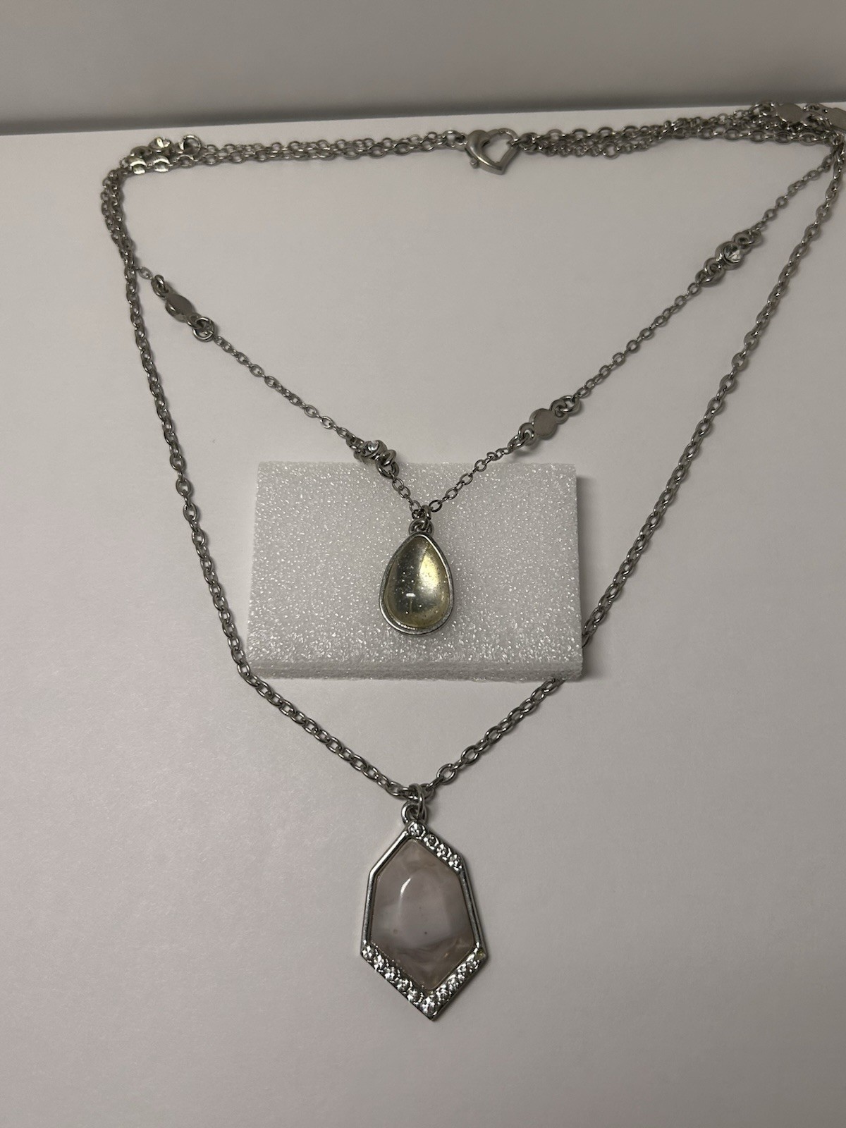 Silver Tone Layered Chain Necklace Teardrop Charm Pendant Hexagon