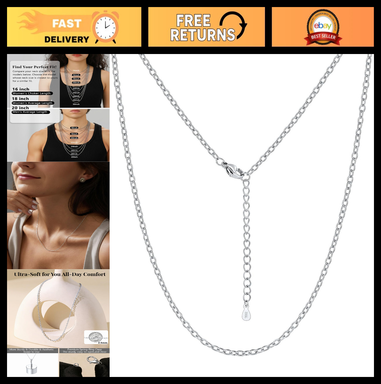 Elegant 2.5MM Silver Rolo Cable Necklace for Women – 316L Stainless Steel, Gold