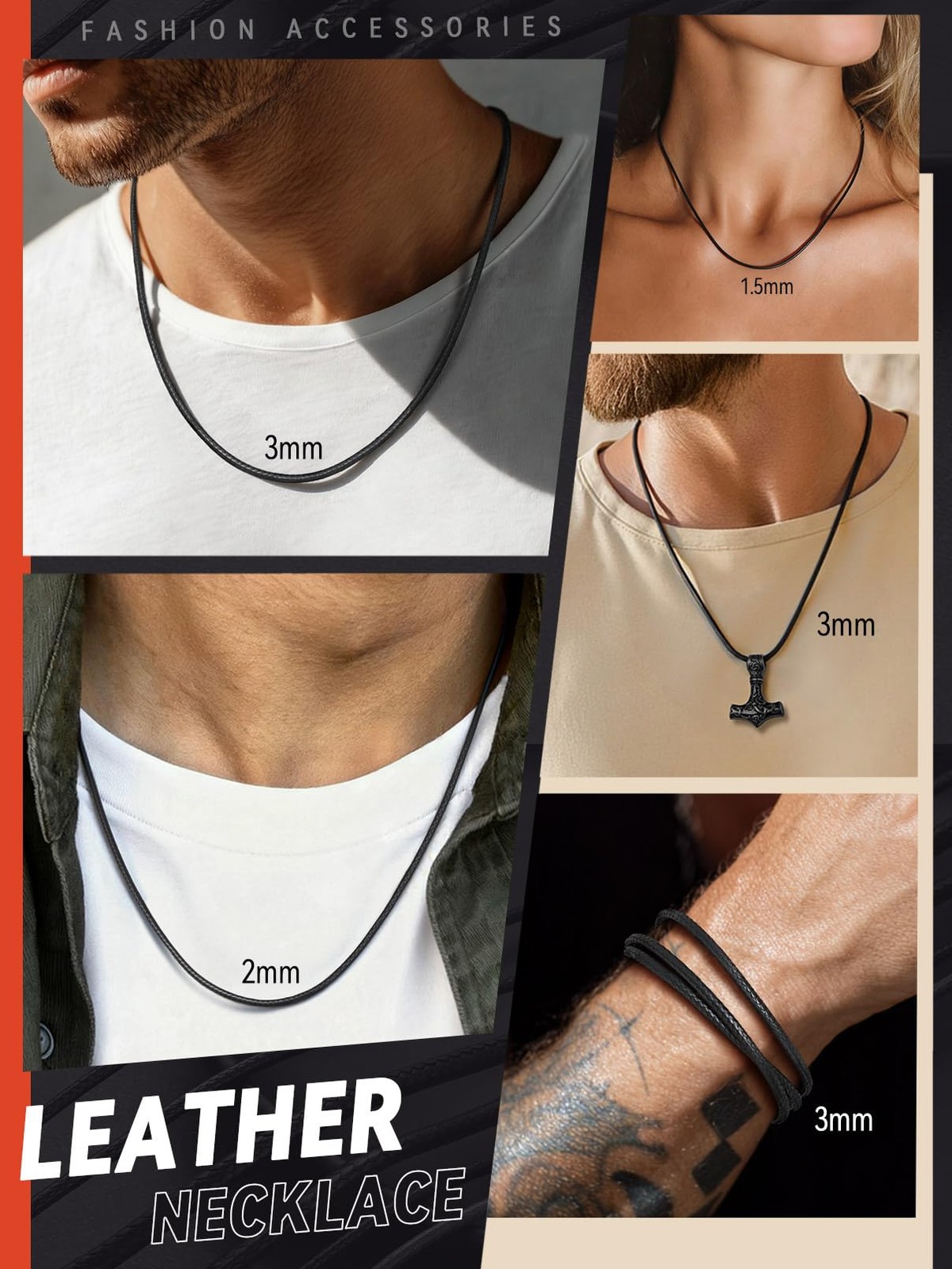 Braided Leather 1.5MM/2MM/3MM Necklace Cord for Men with Stainless Steel Lobs…