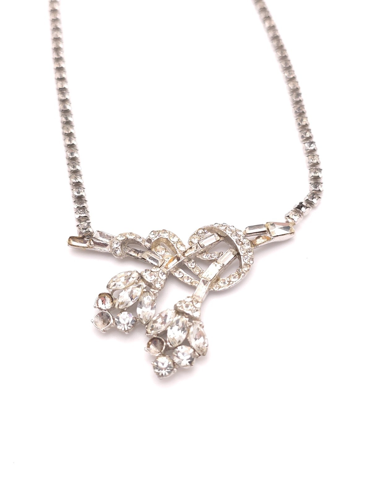 Vintage Silver Tone Rhinestone Bow Pendant Tennis Chain Necklace (Missing Stone)