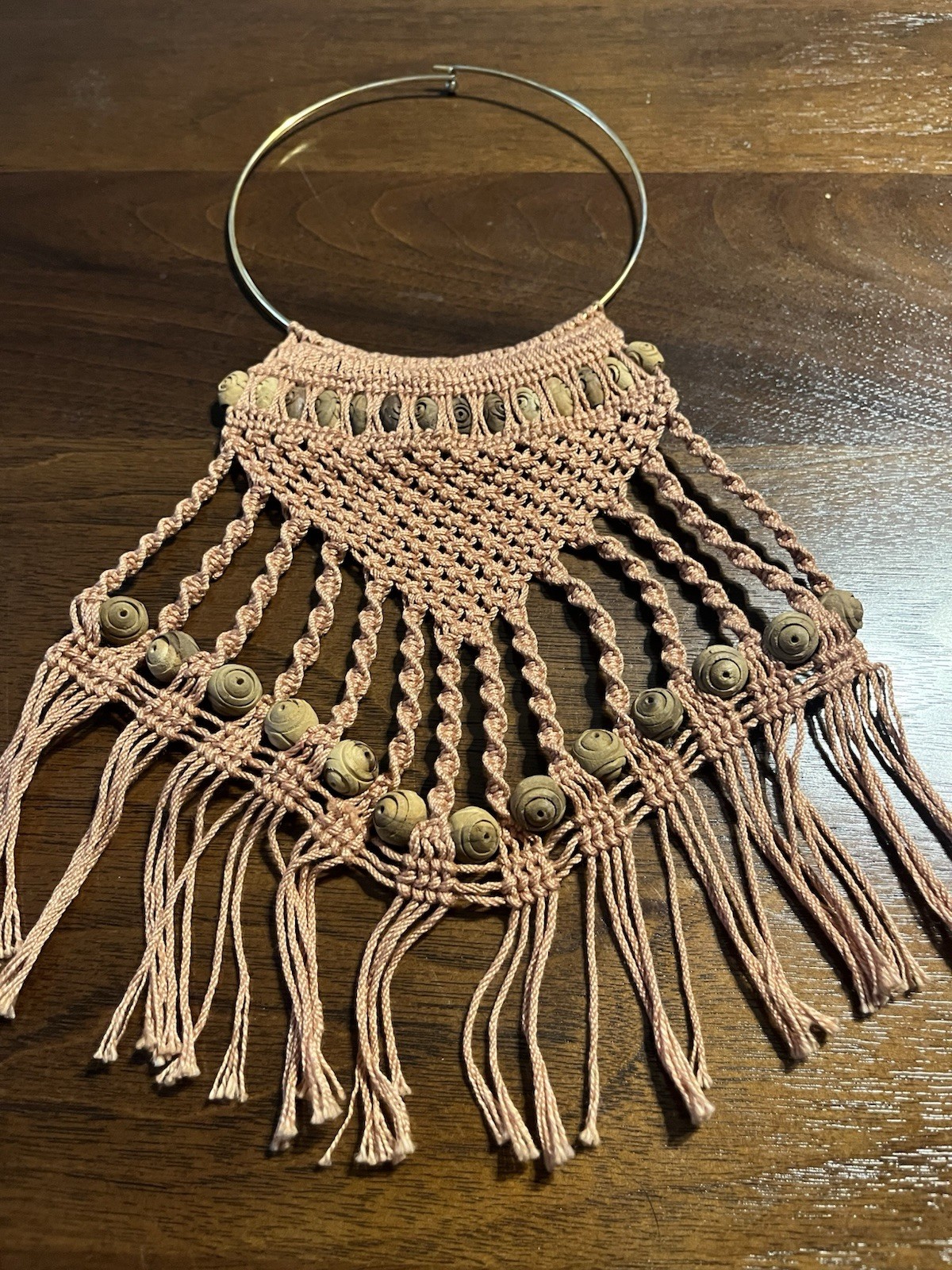 VTG Boho Macrame Bib Statement Necklace Wood Bead Fringe Collar Gold Hoop 5”