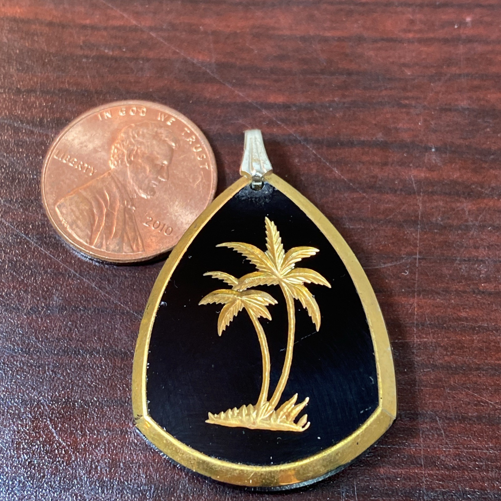 Vintage Golden Palm Trees Etched on Jet Black Glass Pendant Charm Germany 1.25”
