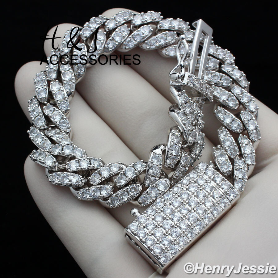 MEN 14K WHITE GOLD PLATED 18″-24″X12MM CZ PRONG SET CURB CHAIN NECKLACE*ABN5