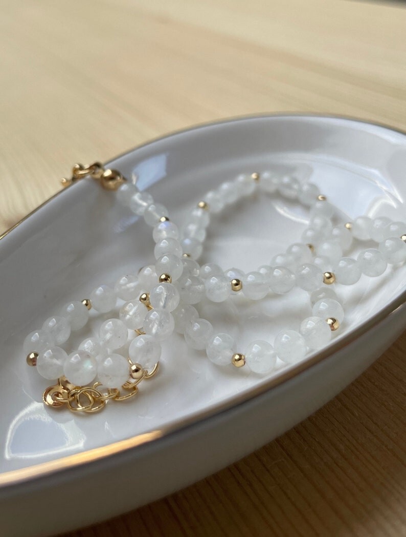 White Moonstone Smooth Round Gemstone Gold Filled Beads Handmade Necklaces 18”