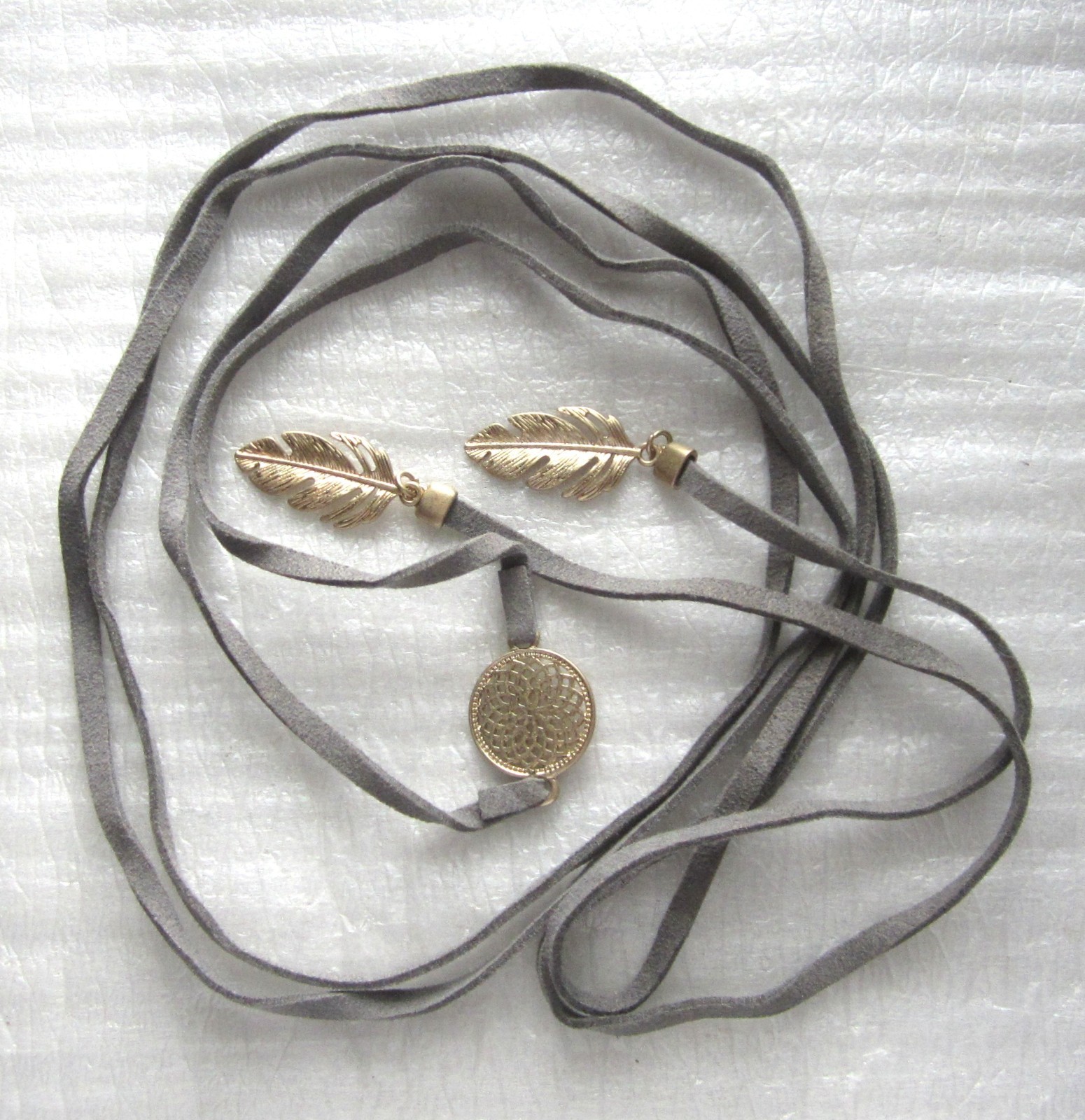 Gray Leather with Gold Leaves & Disk #necklace #jewelry #fashion