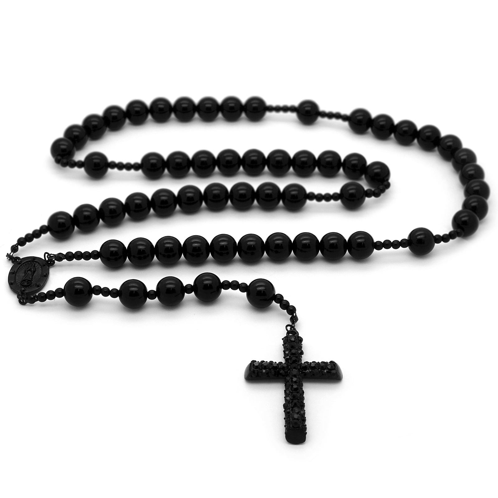 Men’s Hip Hop 15mm MATTE BLACK Beads Guadalupe Rosary & Jesus Cross Necklace BK