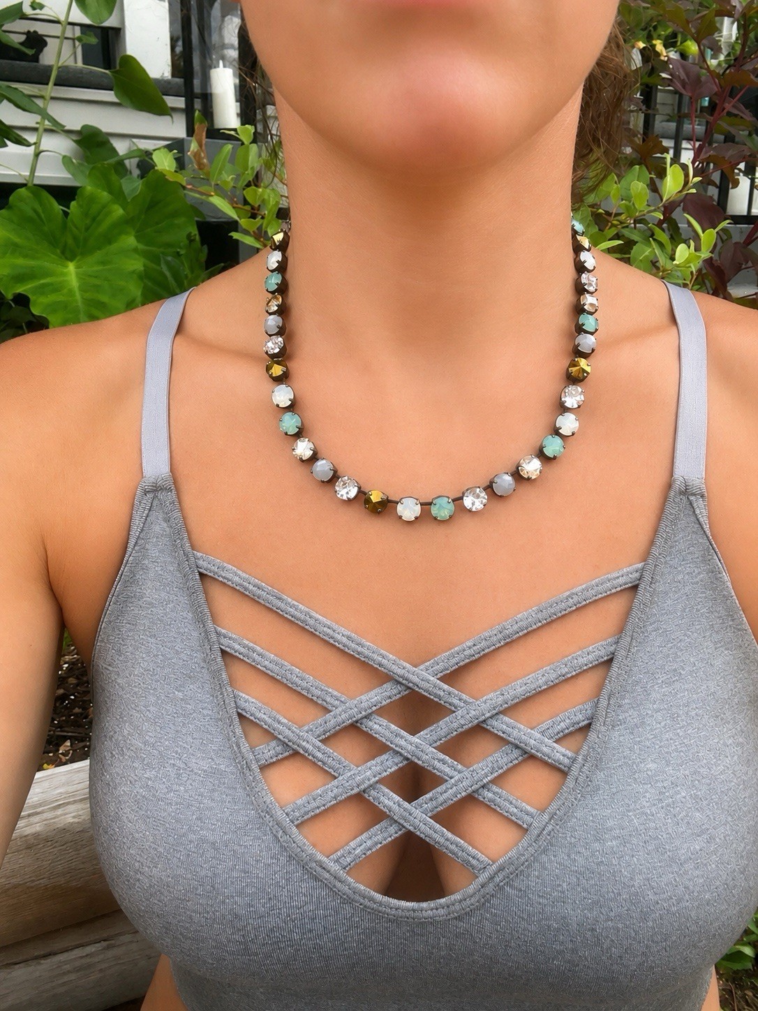 Sabika Classic Turquoise, Pearl, White And Bronze Crystal Tennis Choker Necklace