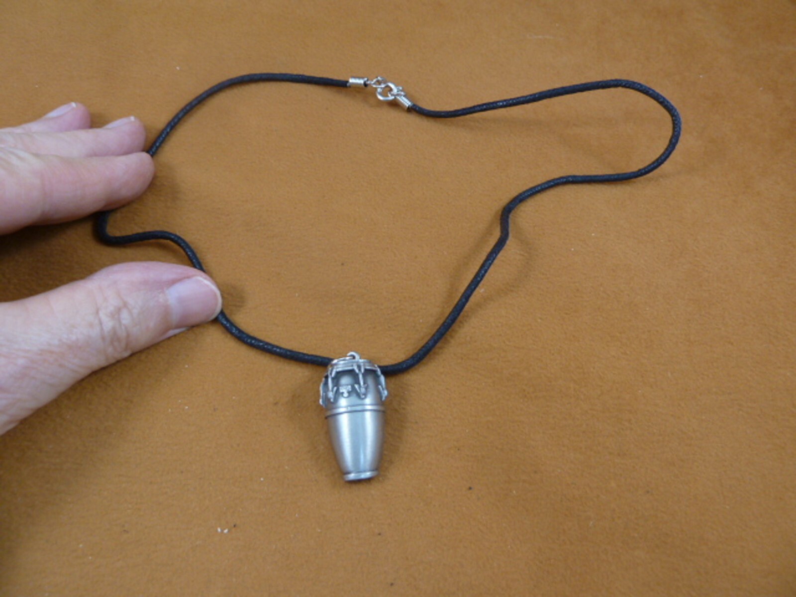 (M317-E) pewter CONGA DRUM pendant on 18″ black cord necklace