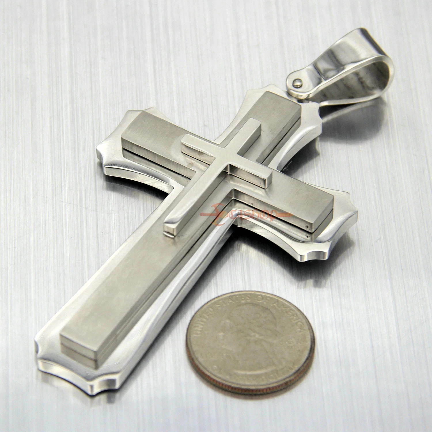 Huge Stainless Cross Men’s Necklace Pendant Heavy Large Silver Polished 3 Layer