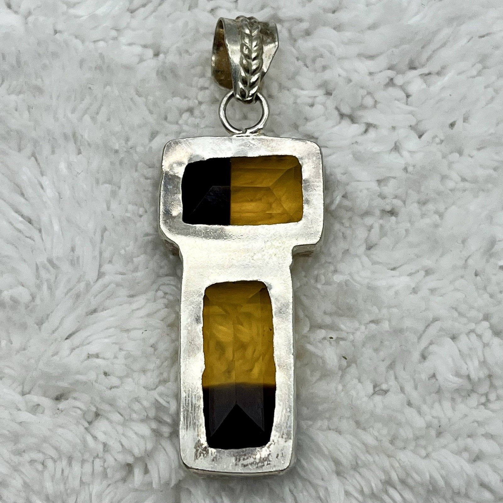 Modernist Pendant Geometric Bi Color Glass Rectangle Silver Tone Statement 2.5