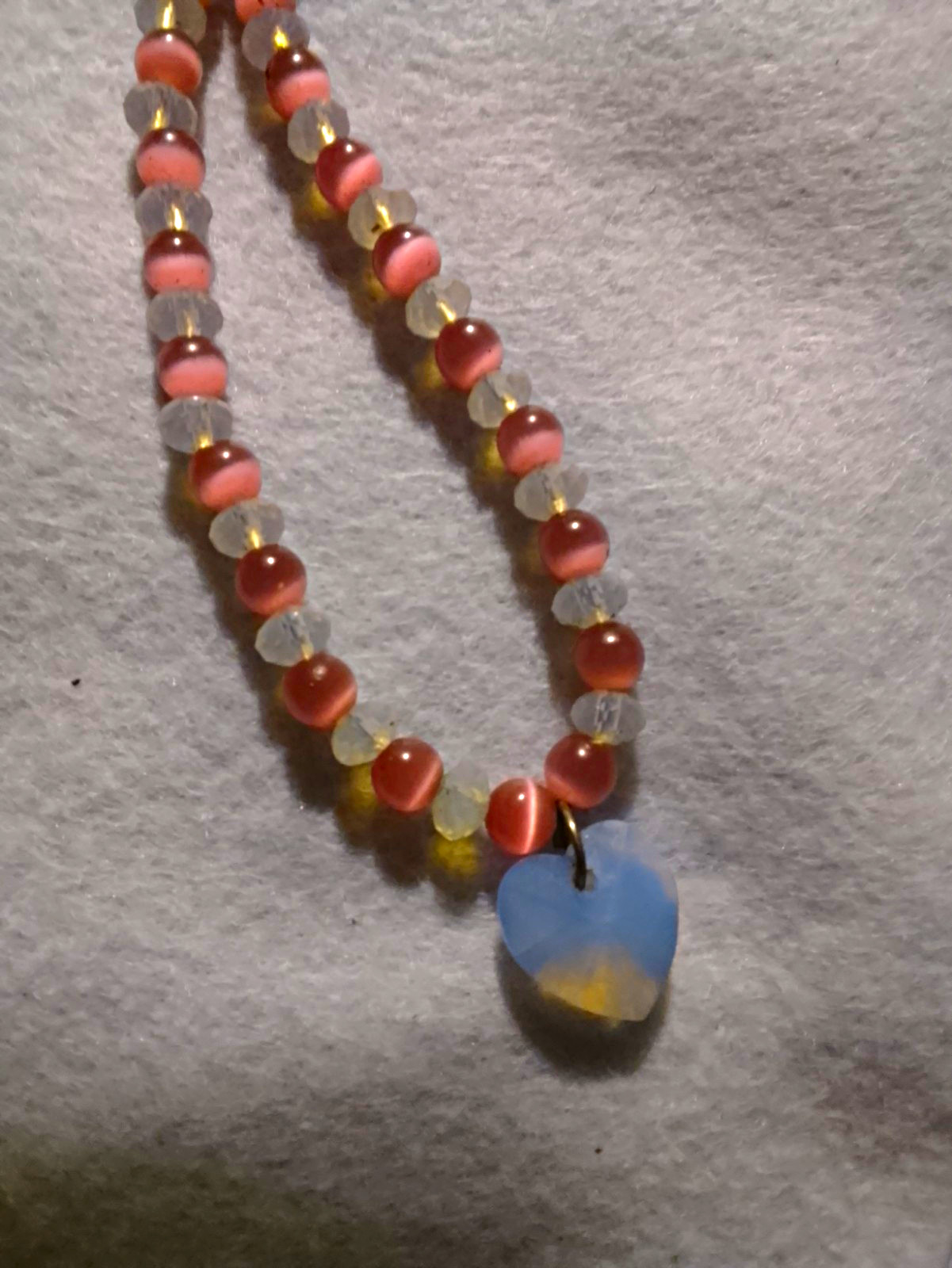 “LOVE & HEARTS” Pink Beaded Necklace White Swarovski Crystal Heart Charm Pendant