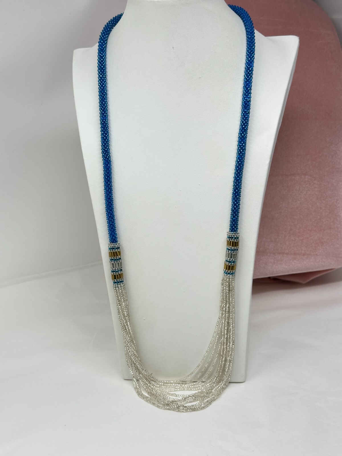 Made in Nepal Himalayan Gems Blue Silver Glass Seed Bead 32″ Necklace
