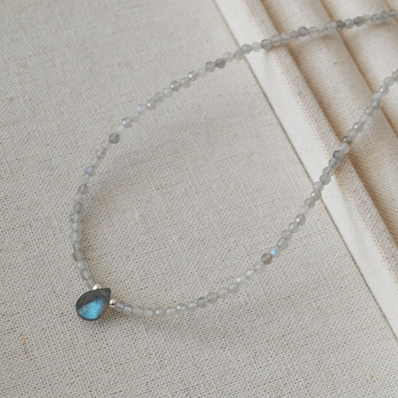 Premium AA Grade Natural Labradorite Beaded Drop Pendant Dainty Women Necklace