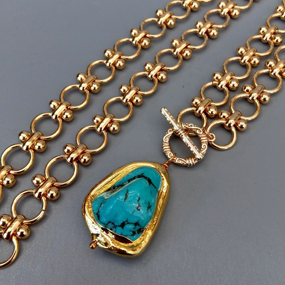 22x28mm Blue Turquoise Pendant Gold Plated Chain Chokers Necklace