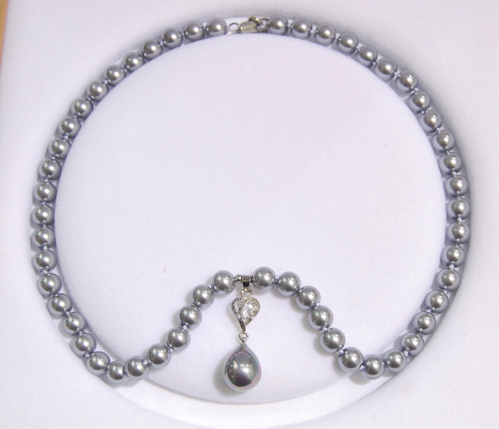 Long 16″-24″ 8mm Gray Shell Pearl Round Beads Drop Pendant(12x16MM) Necklace AAA