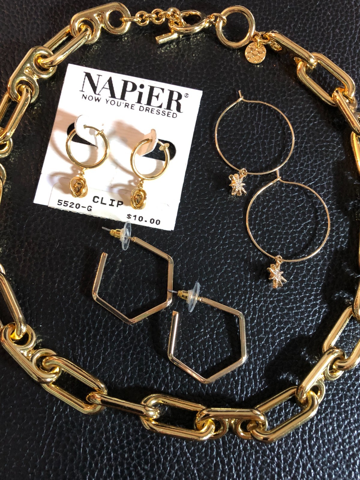 Gold Chunky Paperclip Link Toggle Necklace Talbots +3 Hoop Earrings LOT 8627