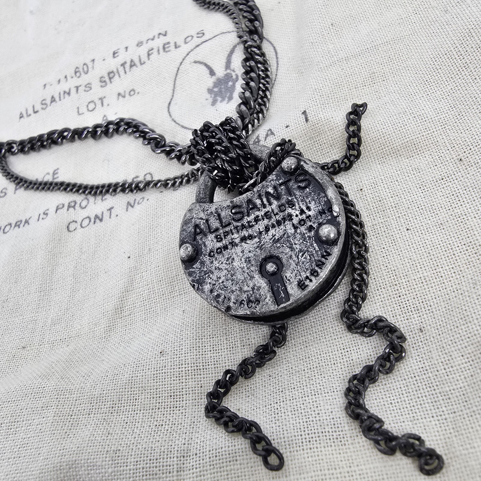 ALL SAINTS WOMENS VINTAGE DISTRESSED PADLOCK NECKLACE BLACK GREY LOCKET RARE