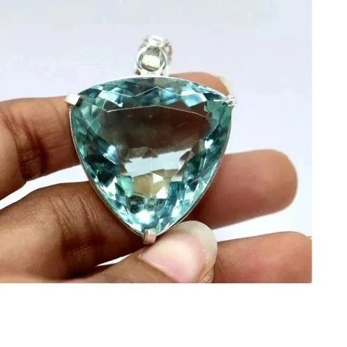 Natural 57.45 Ct Brazilian Trillion Aquamarine Topaz Pendant 925 Silver Gemstone