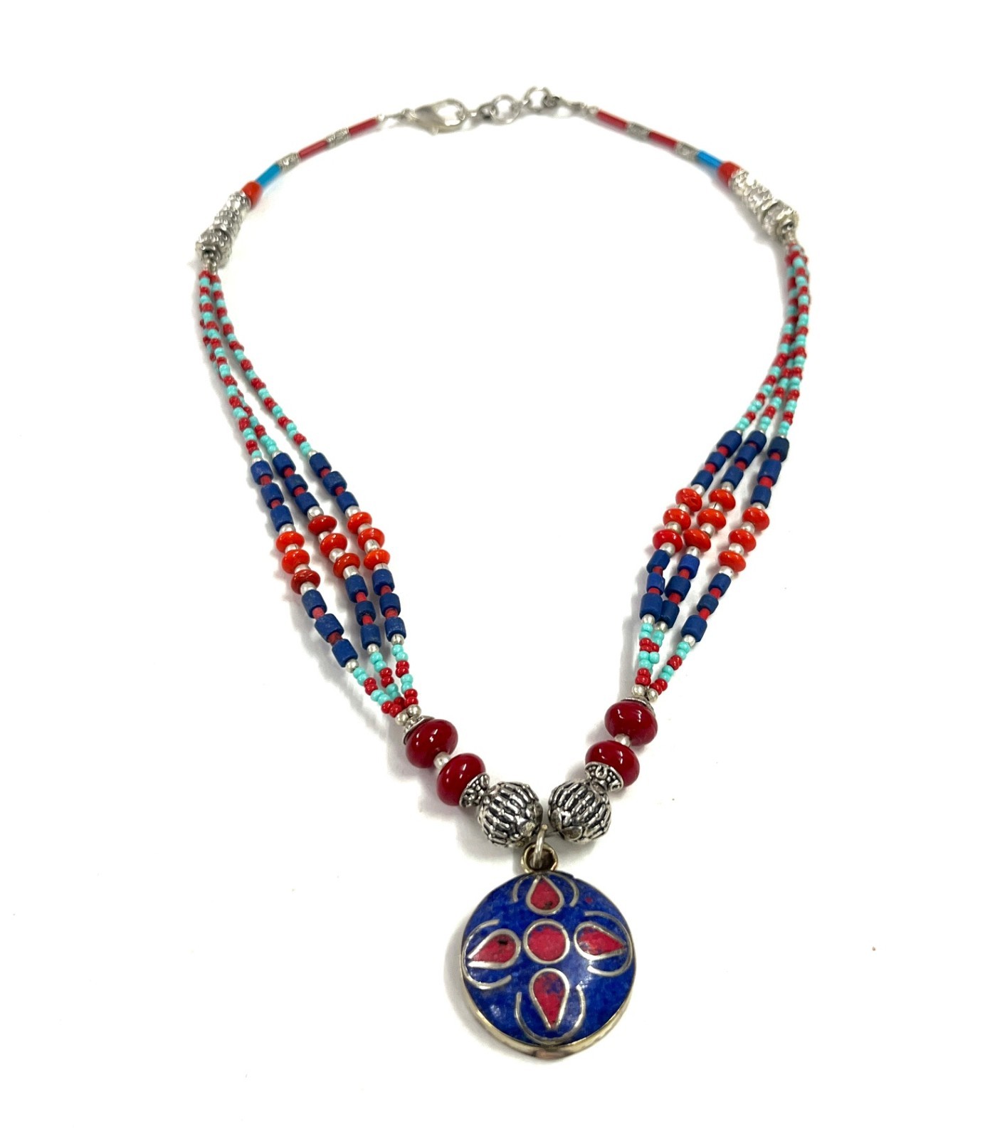 Antique Lapis Lazuli Coral Gemstone Tibetan Necklace Jewelry, 17 Inch Adjust