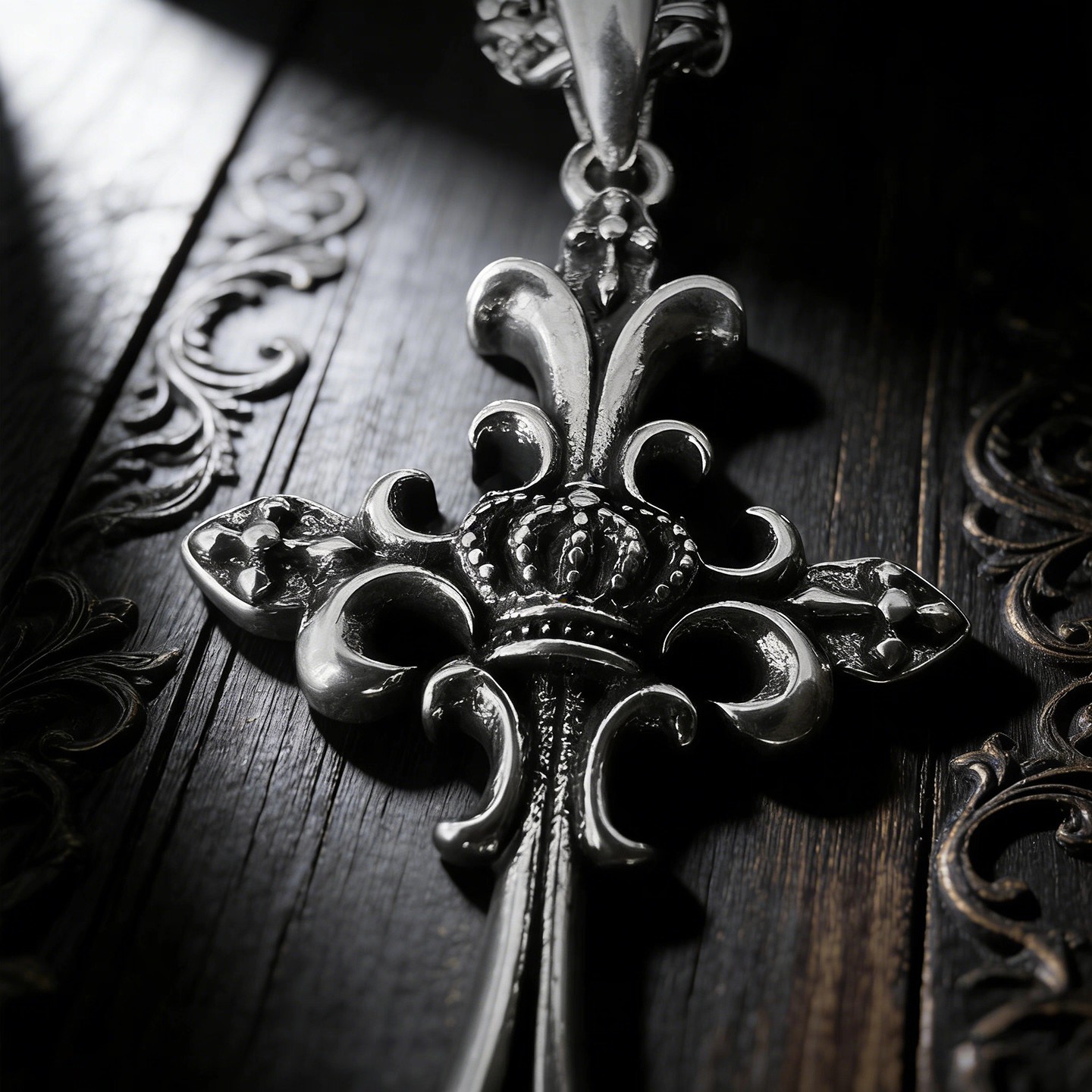 Sculpted Fleur De Lis Crown Cross Necklace, Antiqued Punk Biker Men’s Jewelry