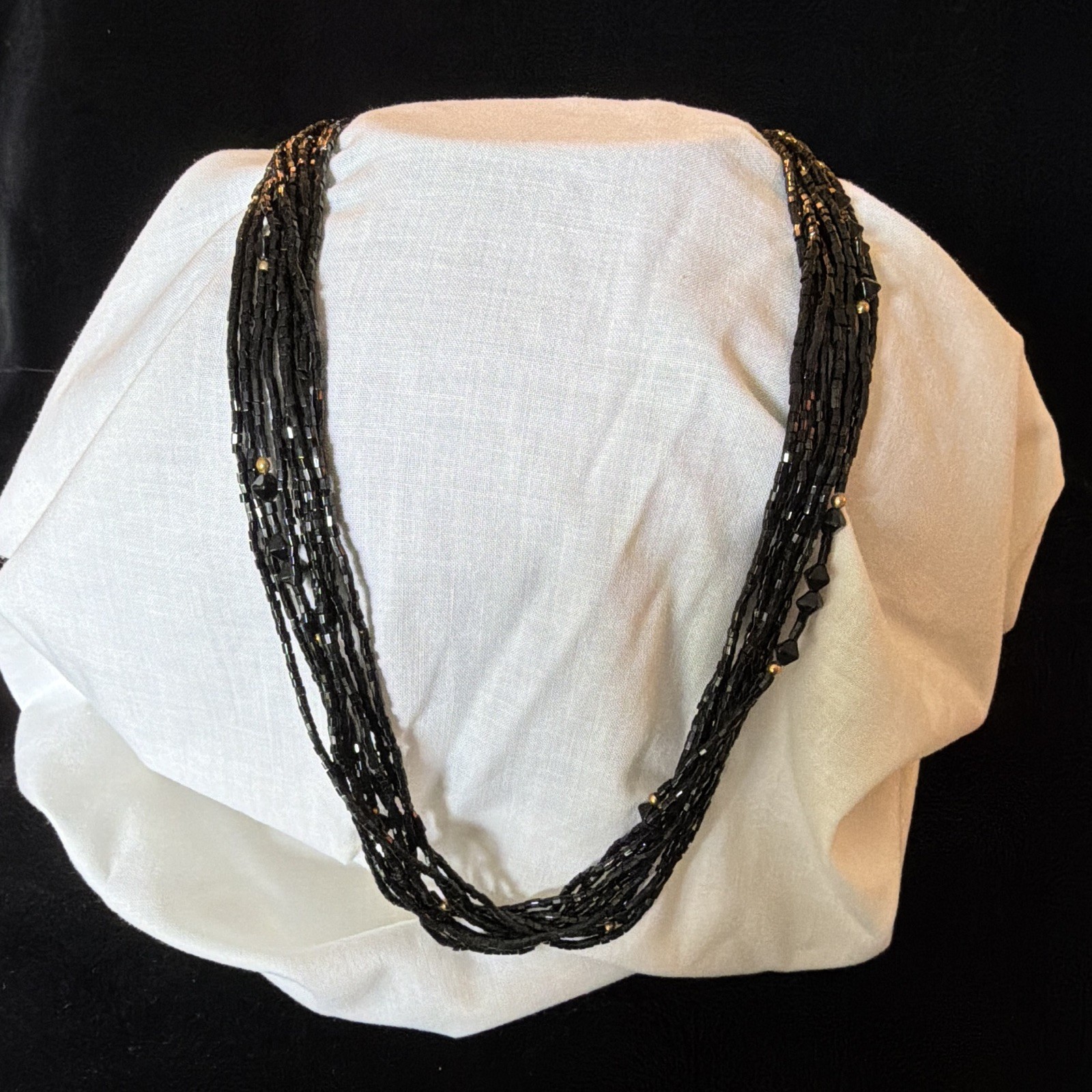 Black/Gold Tone Multi-Strand Layered Glass Beaded Necklace, Spring Ring