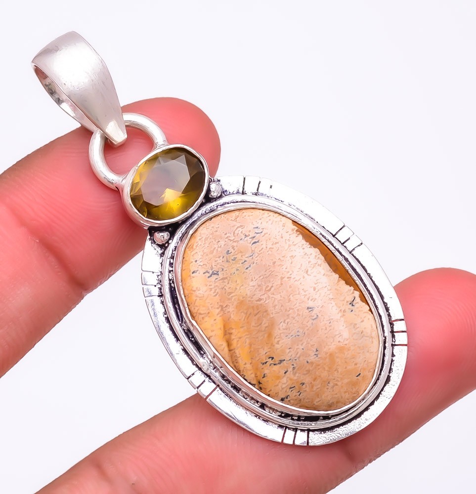 Natural Picture Jasper & Smokey Quartz 925 Silver Plated Pendant 2.3″ F2545