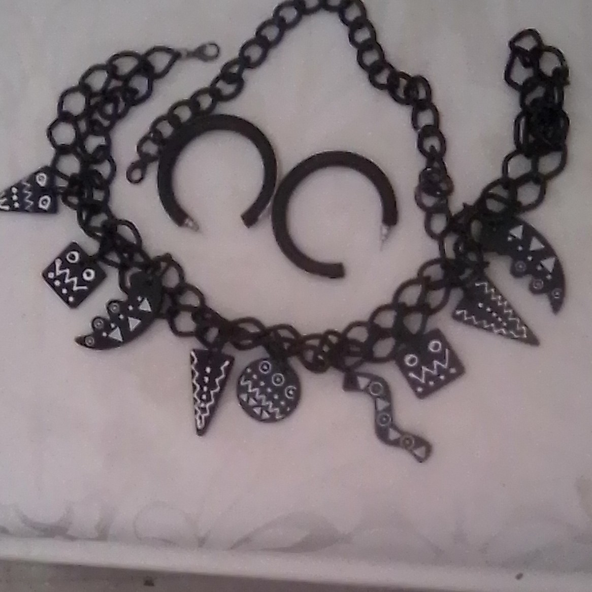 Black Metal Cable Chain Charm Necklace w/ Geometric Dangle Charms, No Stone