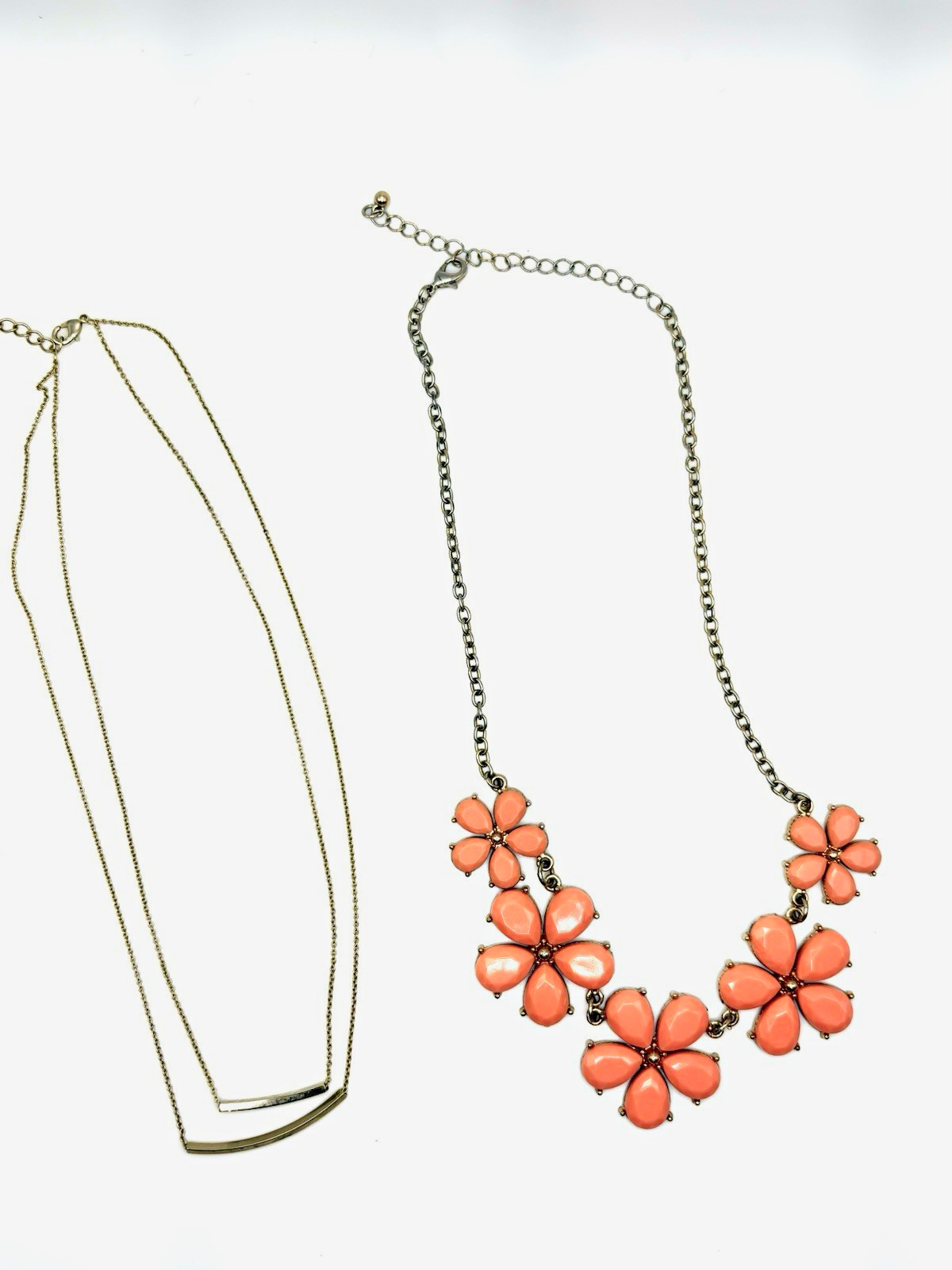Lot of 2 Gold Tone Necklaces Pink Flower Pendant & Double Layer Bar, Adjustable
