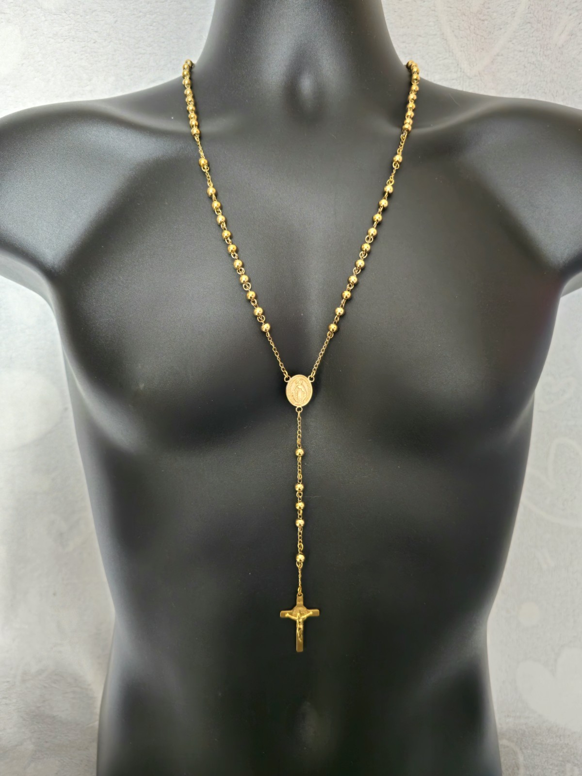 Gold Tone Stainless Steel Rosary Necklace Virgin Mary Crucifix Cross 60cm