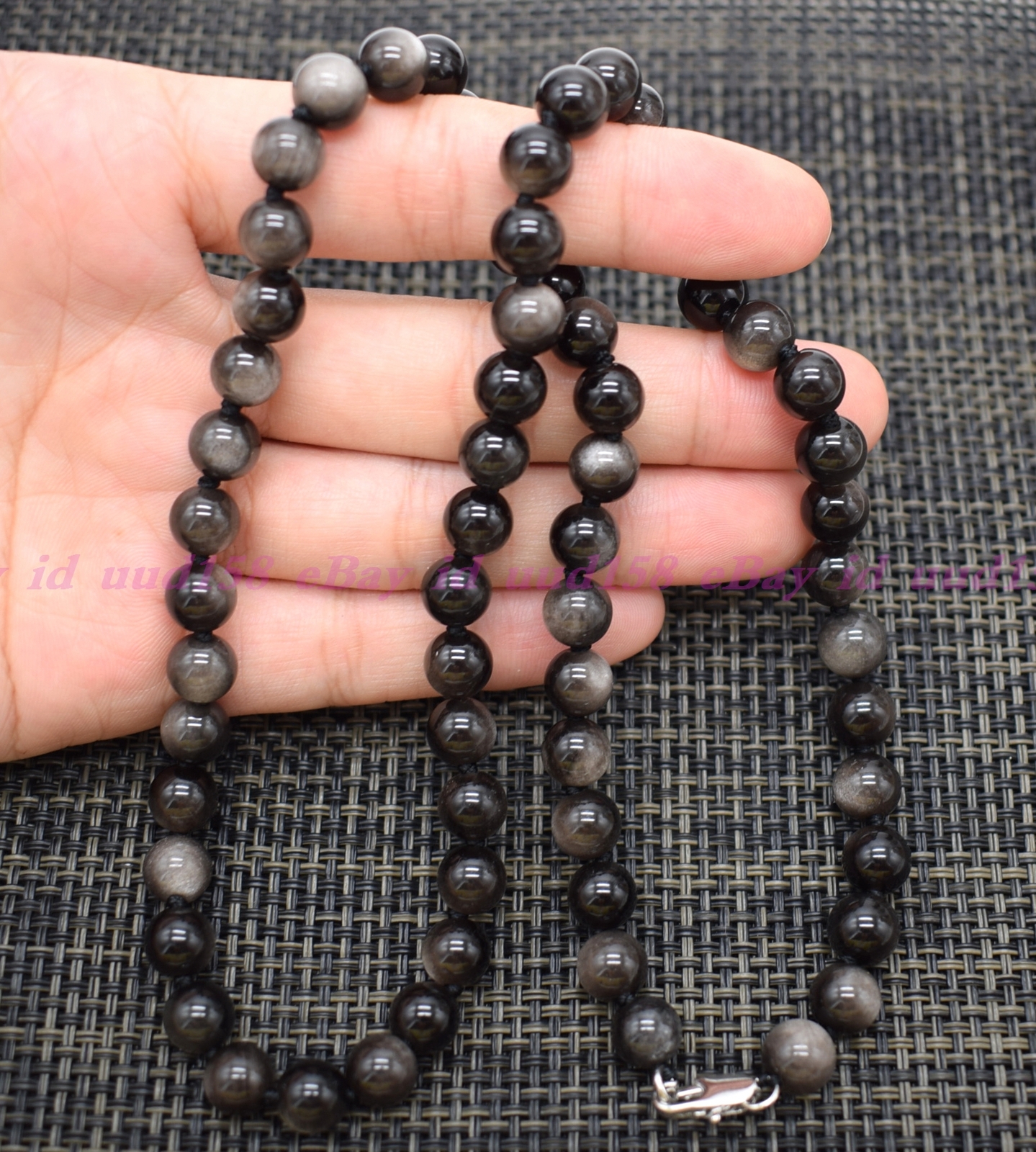 Natural 6mm Silver Sheen Obsidian Round Gemstone Beads Necklace 18″ AAA