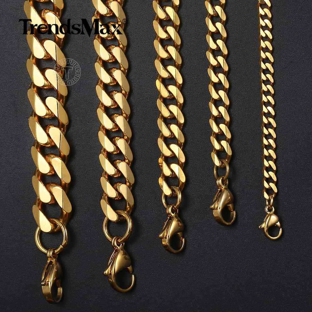 3/5/7/9/11mm Gold Plated Stainless Steel Curb Cuban Chain Necklace/Bracelet Men